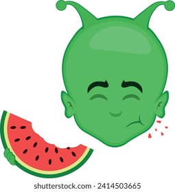 vector illustration face alien or extraterrestrial cartoon eating a watermelon