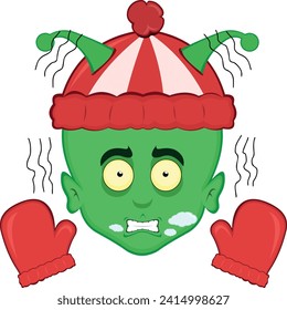 vector illustration face alien or extraterrestrial cartoon, shivering in the cold, wearing gloves and a winter hat, with breath vapor in his mouth