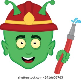 vector illustration face alien or extraterrestrial cartoon with a fireman helmet and a hose in hand with drops of water