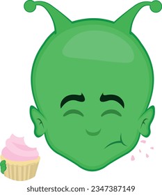 vector illustration face alien extreterrestrial cartoon, eating a cupcake or muffin