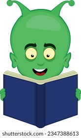 vector illustration face alien extreterrestrial cartoon, with a cheerful expression and studying or reading
