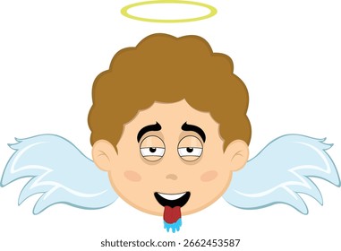 Caricatura del personaje del ángel de la cara de la Ilustración vectorial, con una expresión de deseo, lengua fuera y saliva babeante