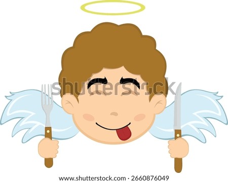 vector illustration face angel character cartoon, an expression of yummy how delicious with a knife and fork in his hands