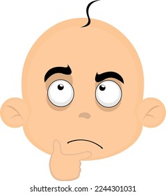 vector illustration of the face of a baby cartoon with a thinking expression or doubt, with the hand on the chin