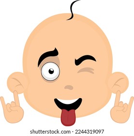 vector illustration of the face of a baby cartoon, winking, with the tongue out and making the classic gesture with heavy metal hands