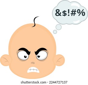 vector illustration of the face of a baby cartoon with an angry expression and a cloud of thought with an insult text