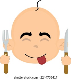 vector illustration of the face of a baby cartoon with an expression of yummy that delights with a knife and fork in hands