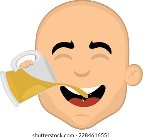 vector illustration face of a bald man cartoon drinking a beer mug