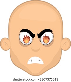 ilustración vectorial de una caricatura de hombre calvo enojado con llamas de fuego en sus ojos