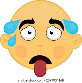 Vector illustration of the face of a bald, yellow character, with an exhausted expression, with drops of perspiration and his tongue sticking out