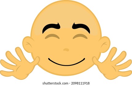 Vector illustration of the face of a bald, yellow cartoon character with a happy expression and waving with his hands