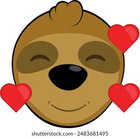vector Illustration face bear sloth character animal cartoon, with an joy and love expression, surrounded by hearts