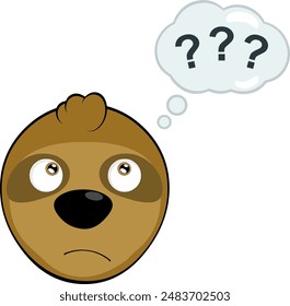 vector illustration face bear sloth character animal cartoon, with a doubtful or thinking expression and a thought cloud with question marks