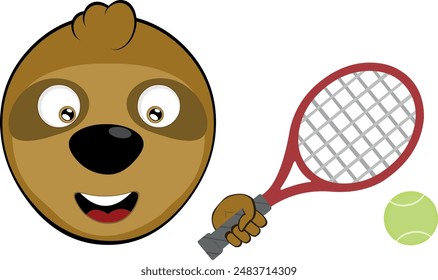 vector illustration face bear sloth character animal cartoon, with a tennis racket and ball