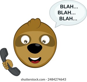 vector illustration face bear sloth character animal cartoon, talking on the phone and a speech bubble with the text blah