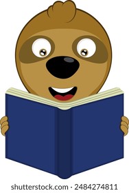 vector illustration face bear sloth character animal cartoon,, holding, reading and studying book