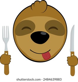 vector illustration face bear sloth character animal cartoon, an expression of yummy how delicious with a knife and fork in his hands