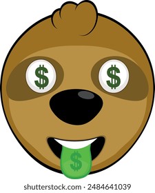 vector illustration face bear sloth character animal cartoon, with eyes and tongue with the dollar sign