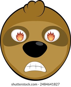 vector illustration face bear sloth character animal cartoon, with a furious expression and fire flame in his eyes