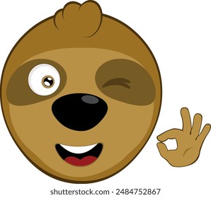 Ilustración vectorial cara oso perezoso personaje animal de dibujos animados, guiñando el ojo y con su mano haciendo un gesto ok o perfecto