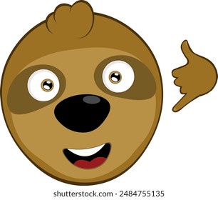 vector illustration face bear sloth character animal cartoon,  making a call me by phone or shake gesture with his hand