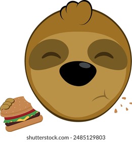 vector illustration face bear sloth character animal cartoon, eating a hamburger