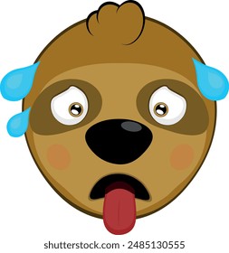 vector illustration face bear sloth character animal cartoon, exhausted with his tongue out and drops of sweat on his head
