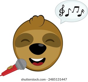 Ilustración vectorial cara oso perezoso personaje animal de dibujos animados, cantando con un micrófono en la mano, una burbuja de discurso y musical