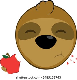 Ilustración vectorial cara oso perezoso personaje animal de dibujos animados, comer fruta de manzana roja