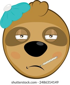 vector illustration face bear sloth character animal cartoon, sick with a thermometer in his mouth and a bag of water on his head