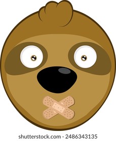 vector illustration face bear sloth character animal cartoon, with adhesive strips on the mouth in concept of keeping silent or shutting up