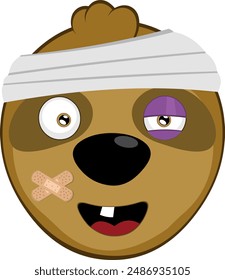 vector illustration face bear sloth character animal cartoon, injured with bandages on his head, a black eye, a single tooth