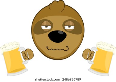 vector illustration face bear sloth character animal cartoon, drunk with beers glasses in his hands