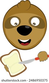 vector illustration face bear sloth character animal cartoon, spreading butter on a slice of bread with a spreader