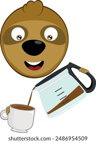 vector illustration face bear sloth character animal cartoon,, with a coffeemaker or coffee jug pouring into a cup