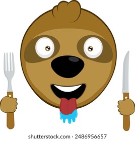 vector illustration face bear sloth character animal cartoon, with a hungry expression, tongue sticking out with drool saliva, a knife and fork in his hands