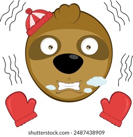 vector illustration face bear sloth character animal cartoon, shivering cold, wearing gloves and a winter hat, with breath vapor in his mouth