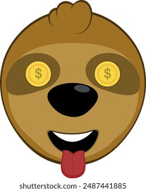 Ilustración vectorial cara oso perezoso personaje animal de dibujos animados, con una expresión ambiciosa, monedas en sus ojos y su lengua sobresaliendo