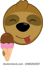 Ilustración vectorial cara oso perezoso personaje animal de dibujos animados, con un cono de oblea de helado en la mano y una expresión deliciosa