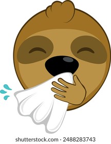 vector illustration face bear sloth character animal cartoon, sneezing with a nose handkerchief