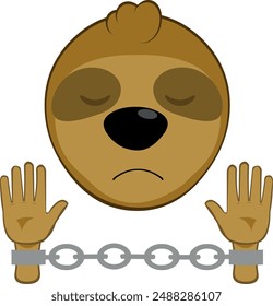 Ilustración vectorial cara oso perezoso personaje animal dibujos animados, esclavo o prisionero esposado con cadenas