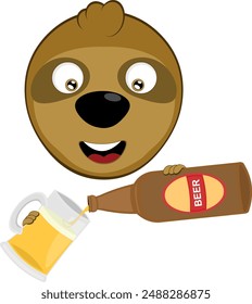 vector illustration face bear sloth character animal cartoon, with a bottle of beer pouring into a glass