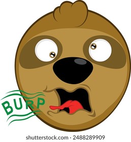 vector illustration face bear sloth character animal cartoon, mouth burping with the text burp