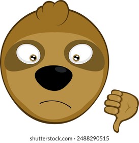 Ilustración vectorial cara oso perezoso personaje animal de dibujos animados, con el pulgar apuntando hacia abajo en concepto de no aprobado o no me gusta