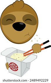 Ilustración vectorial cara oso perezoso personaje animal de dibujos animados, comer comida china en una caja de cartón de arroz con palillos