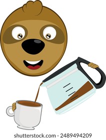 vector illustration face bear sloth character animal cartoon, with a coffeemaker or coffee jug pouring into a cup