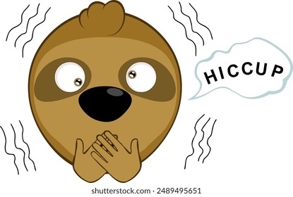 Ilustración vectorial cara oso perezoso personaje animal de dibujos animados, que tiene hipo síntomas y una burbuja de habla con texto de hipo