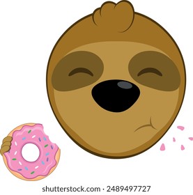 Ilustración vectorial cara oso perezoso personaje animal de dibujos animados, comer frambuesa snack donut