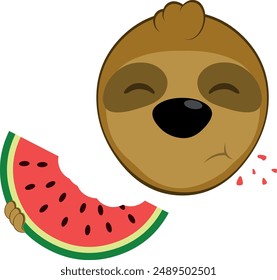 vector illustration face bear sloth character animal cartoon, eating watermelon fruit