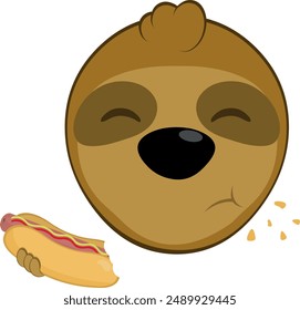 vector illustration face bear sloth character animal cartoon, eating fast food from a hot dog